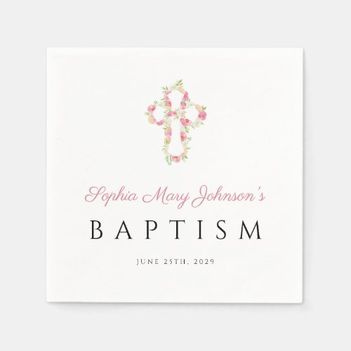 Elegant Religious Cross Pink Floral Baptism Napkins