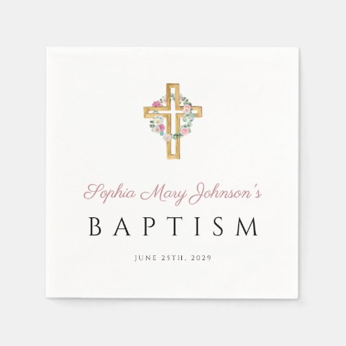 Elegant Religious Cross Pink Floral Baptism Napkins