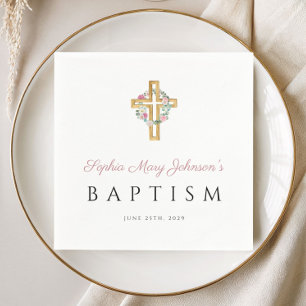 Elegant Religious Cross Pink Floral Baptism Napkins