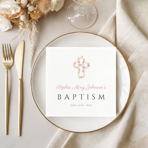 Elegant Religious Cross Pink Floral Baptism Napkins