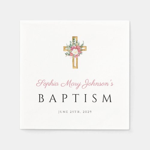 Elegant Religious Cross Pink Floral Girl Baptism  Napkins