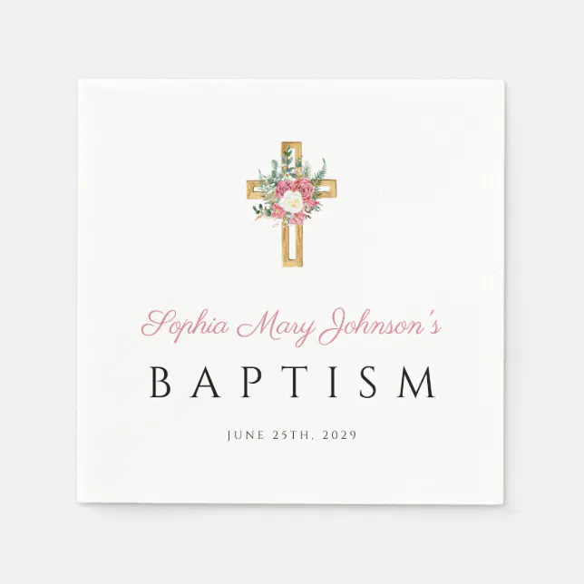 Elegant Religious Cross Pink Floral Girl Baptism Napkins | Zazzle