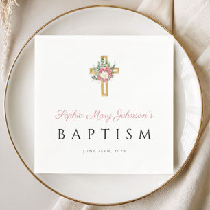 Elegant Religious Cross Pink Floral Girl Baptism Napkins