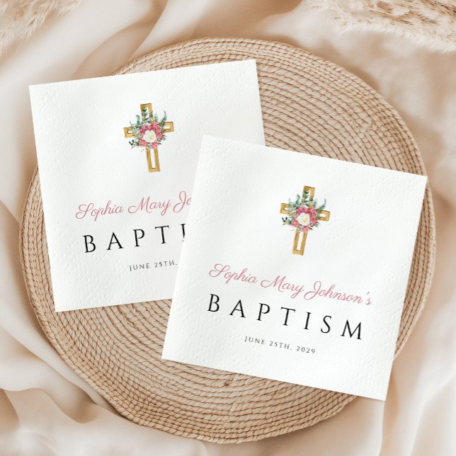 Elegant Religious Cross Pink Floral Girl Baptism  Napkins (Elegant Religious Cross Pink Floral Girl Baptism Napkins)