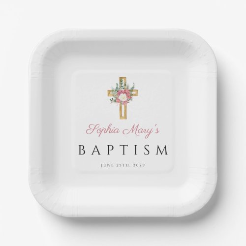 Elegant Religious Cross Pink Floral Girl Baptism Paper Plates