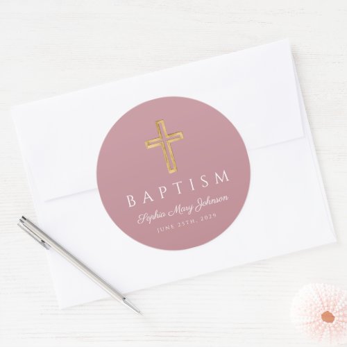 Elegant Religious Cross Pink Girl Baptism Classic Round Sticker