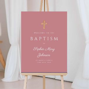 Elegant Religious Cross Pink Girl Baptism Welcome Foam Board
