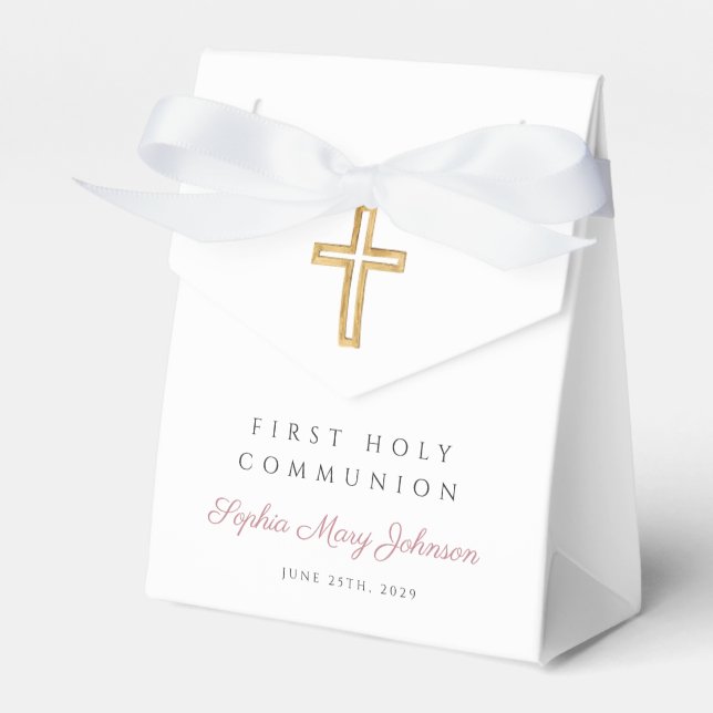 Elegant Religious Cross Pink Girl First Communion Favor Boxes (Front Side)
