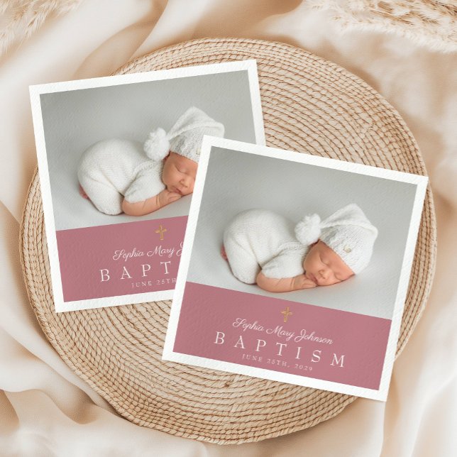 Elegant Religious Cross Pink Photo Girl Baptism Napkins (Elegant Religious Cross Pink Photo Girl Baptism Napkins)
