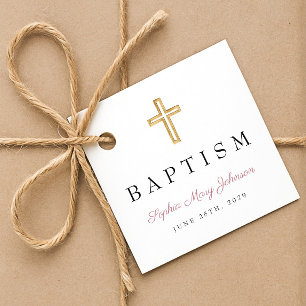 Elegant Religious Cross Pink Script Baptism Favor Tags