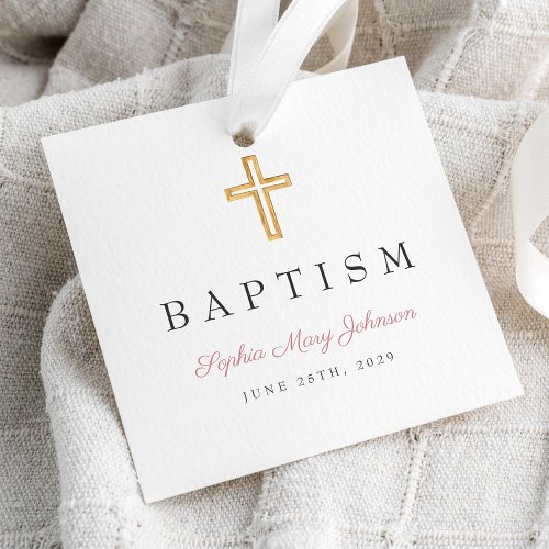 Elegant Religious Cross Pink Script Baptism Favor Tags
