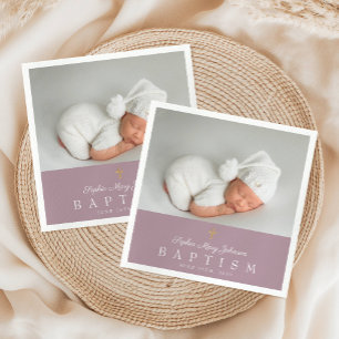 Elegant Religious Cross Purple Photo Baptism Napkins