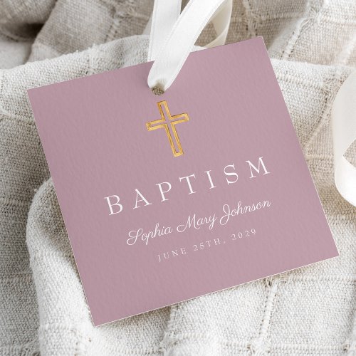 Elegant Religious Cross Purple Script Baptism Favor Tags