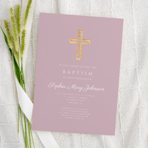 Elegant Religious Cross Purple Script Girl Baptism Invitation