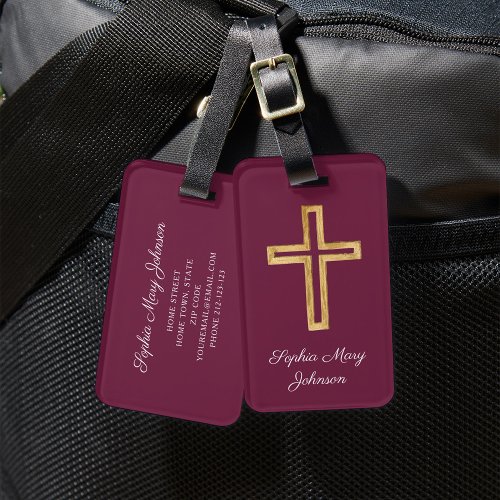 Elegant Religious Cross Red Burgundy Script Luggage Tag