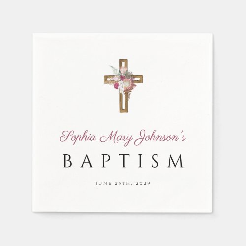 Elegant Religious Cross Red Floral Baptism Napkins