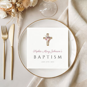 Elegant Religious Cross Red Floral Baptism Napkins