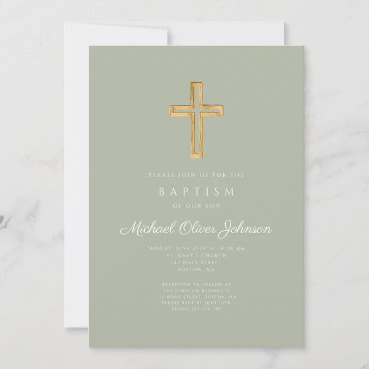 Elegant Religious Cross Sage Green Baptism Invitation | Zazzle