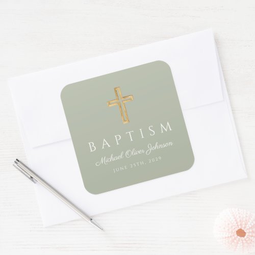 Elegant Religious Cross Sage Green Baptism  Square Sticker