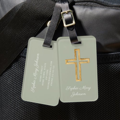Elegant Religious Cross Sage Green Script Luggage Tag