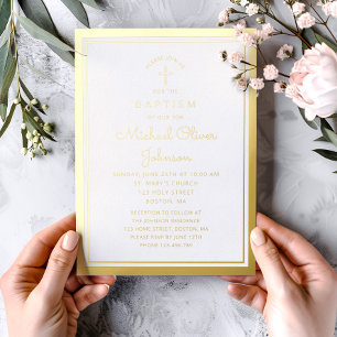 Elegant Religious Cross Script Baptism Gold Foil Invitation