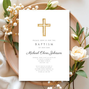 Elegant Religious Cross Script Boy Baptism Invitation
