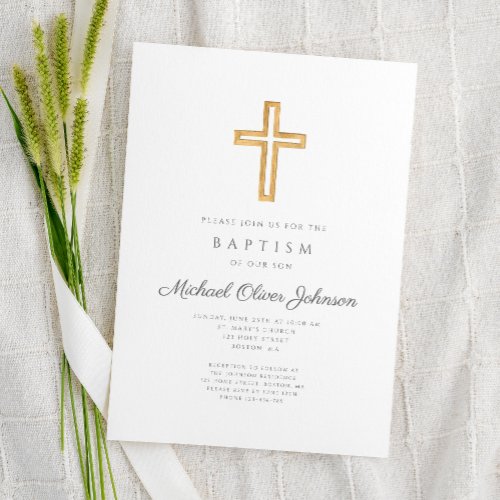Elegant Religious Cross Script Boy Baptism Invitation
