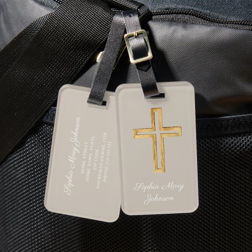 Elegant Religious Cross Taupe Beige Scrip Luggage Tag
