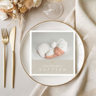 Elegant Religious Cross Taupe Photo Baptism Napkins