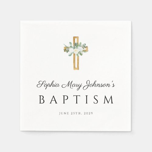 Elegant Religious Cross White Floral Baptism  Napkins