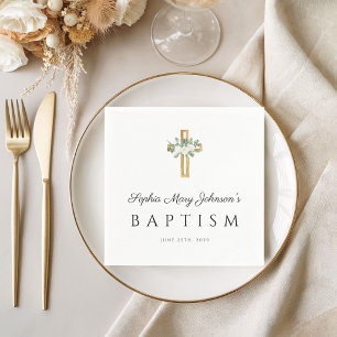 Elegant Religious Cross White Floral Baptism Napkins