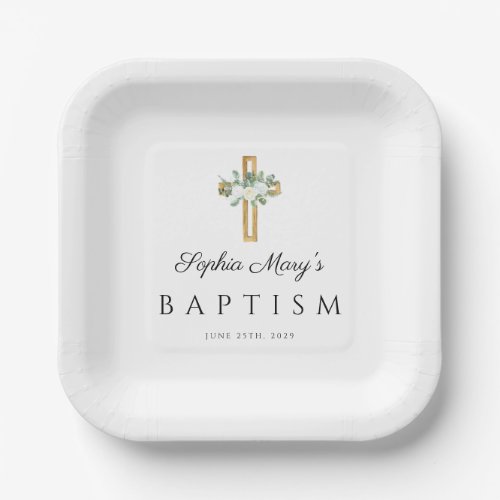 Elegant Religious Cross White Floral Baptism Paper Plates