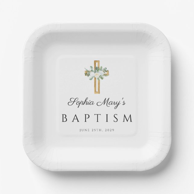Elegant Religious Cross White Floral Baptism Paper Plates (Front)