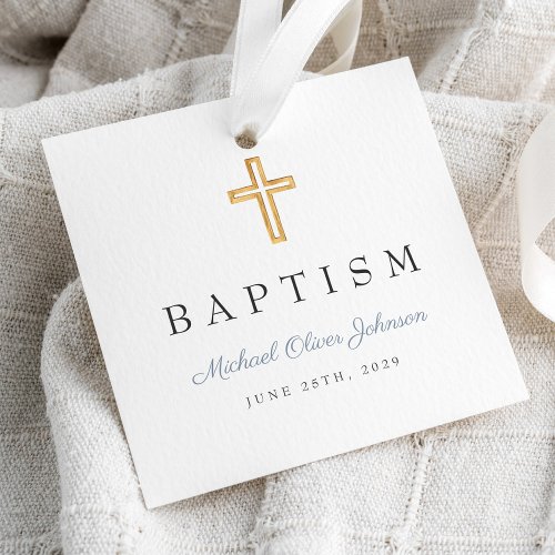 Elegant Religious Dusty Blue Cross Script Baptism Favor Tags