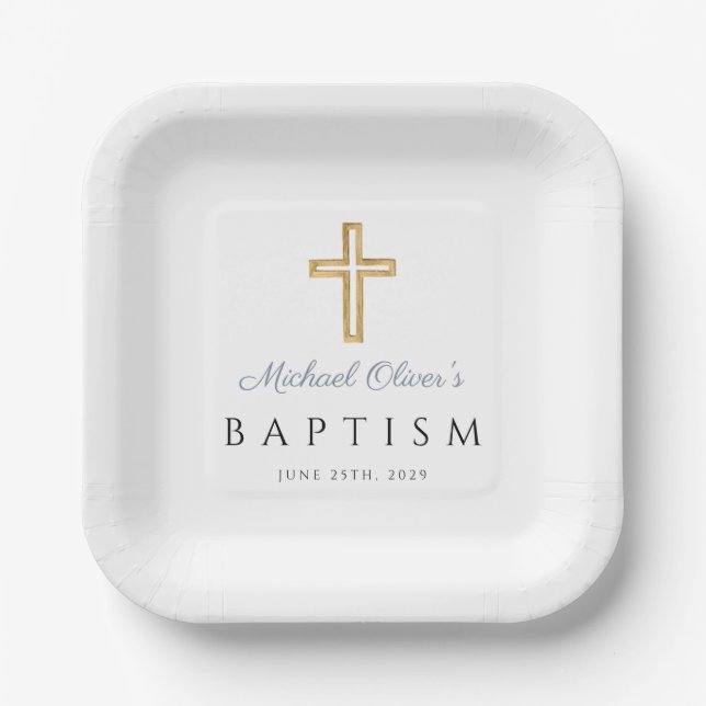 Elegant Religious Dusty Blue Script Boy Baptism Paper Plates (Front)