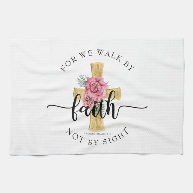 Elegant Religious Floral Cross Kitchen Towel (Horizontal)