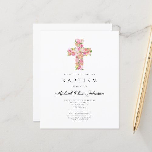 Elegant Religious Floral Pink Cross Baptism 