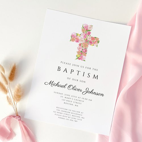Elegant Religious Floral Pink Cross Baptism  Invitation