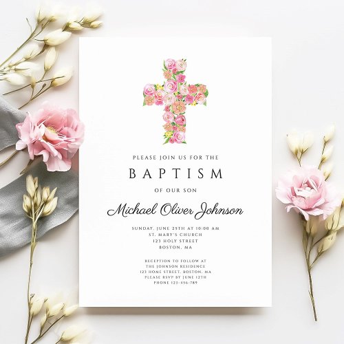 Elegant Religious Floral Pink Cross Baptism  Invitation