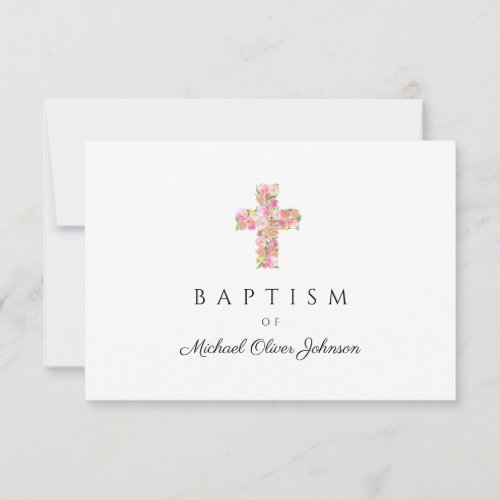 Elegant Religious Floral Pink Cross Baptism RSVP Card
