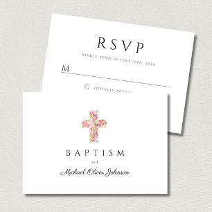 Elegant Religious Floral Pink Cross Baptism RSVP Card