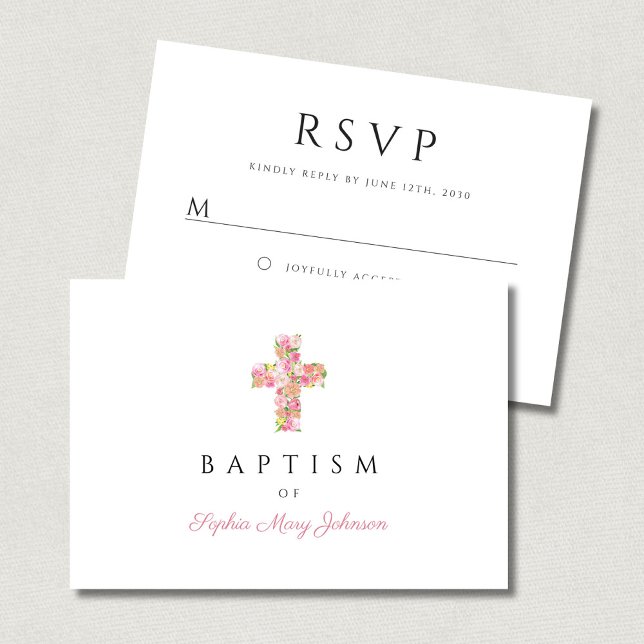 Elegant Religious Floral Pink Cross Girl Baptism RSVP Card (Elegant Religious Floral Pink Cross Girl Baptism RSVP Card)