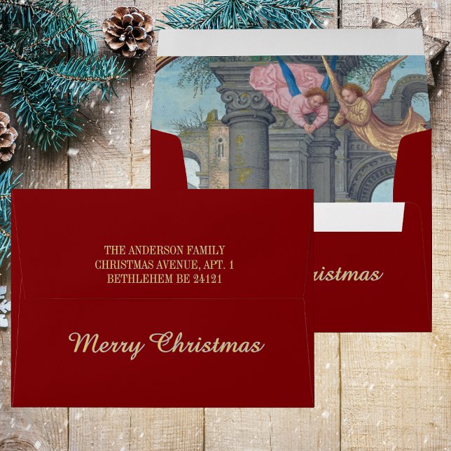 Elegant Religious Medieval Angels Merry Christmas Envelope (Merry Christmas Red Religious Christian Catholic Nativity Angels Pre-addressed Custom Envelopes)