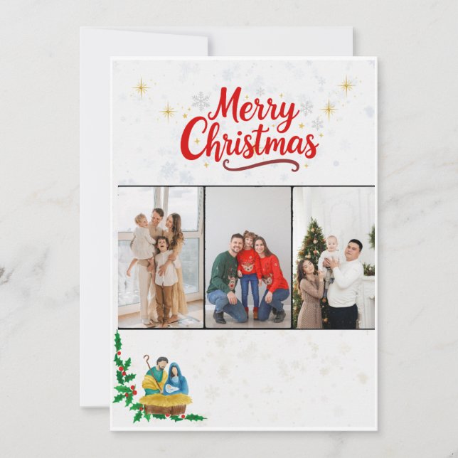 Elegant Religious Nativity Three Photo Family Chri Holiday Card (Front)