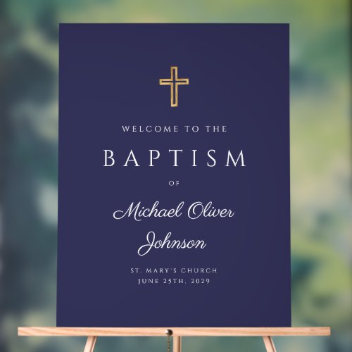 Elegant Religious Navy Blue Boy Baptism Welcome Acrylic Sign