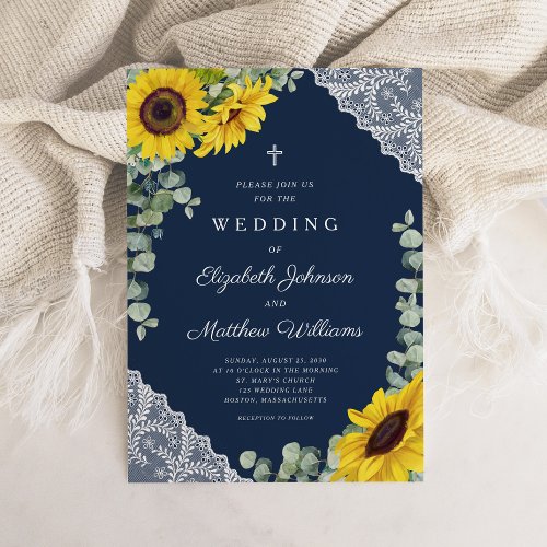 Elegant Religious Navy Blue Sunflower Wedding Invitation