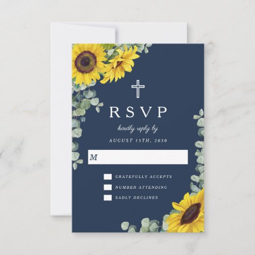 Elegant Religious Navy Blue Sunflower Wedding RSVP Card