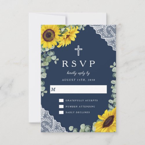 Elegant Religious Navy Blue Sunflower Wedding  RSVP Card
