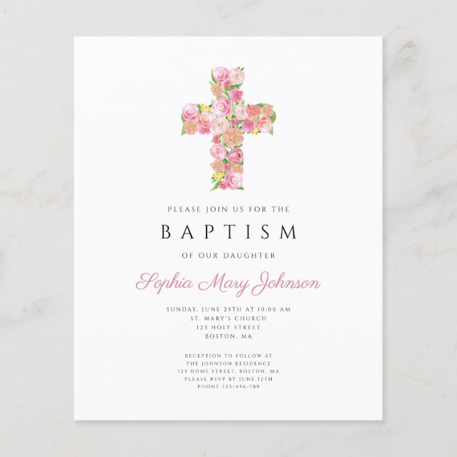 Elegant Religious Pink Floral Cross Baptism  (Front)