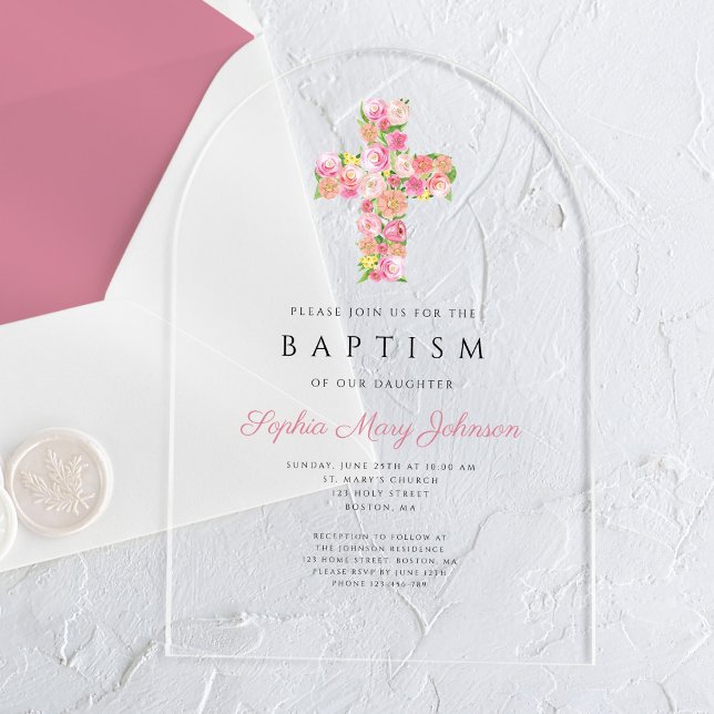 Elegant Religious Pink Floral Cross Baptism Acrylic Invitations (Elegant Religious Pink Floral Cross Baptism Acrylic Invitations)